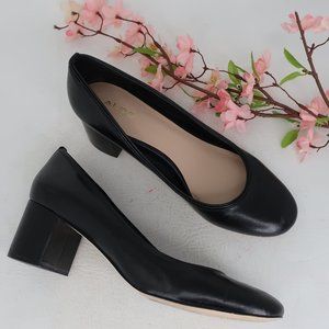 Aldo Black Leather Round Toe Block Heel Pumps 8.5